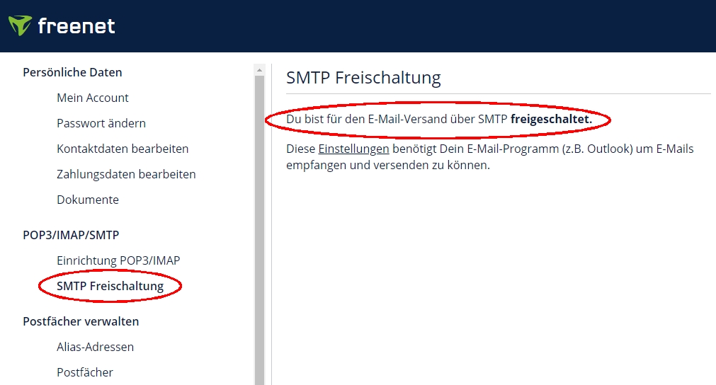 SMTP Zugang bei Freenet.de aktivieren