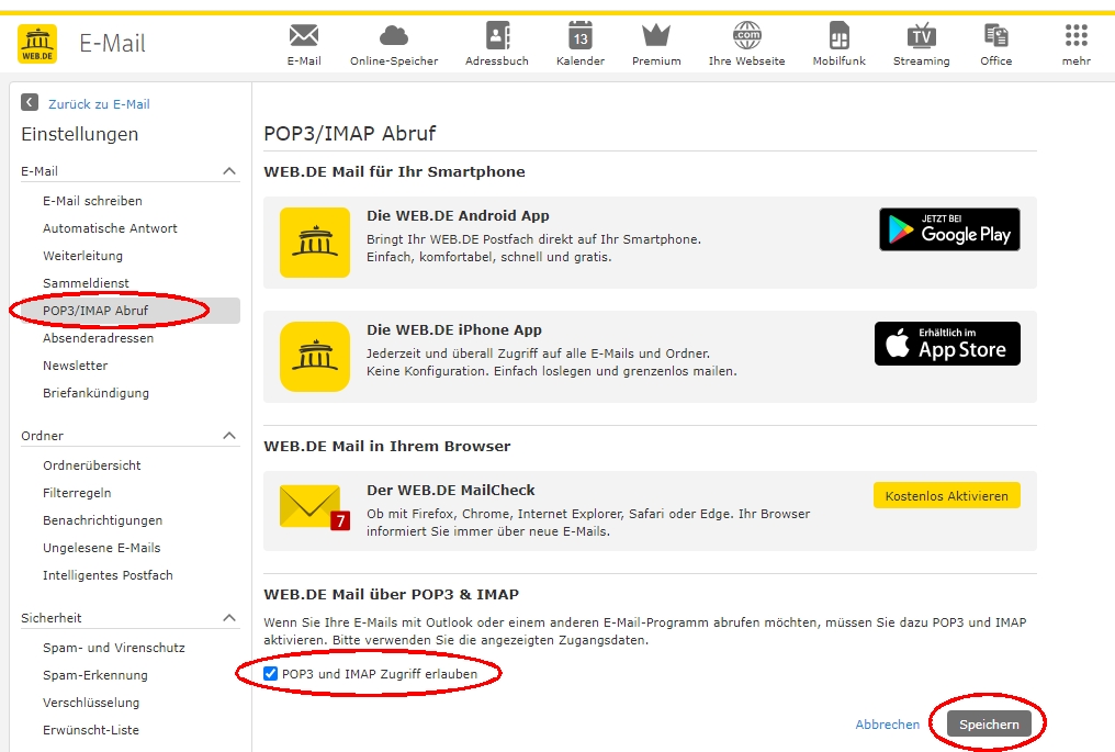 SMTP Zugang bei WEB.de aktivieren